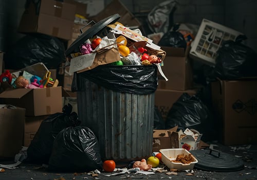 Garbage can full of food and other items photo