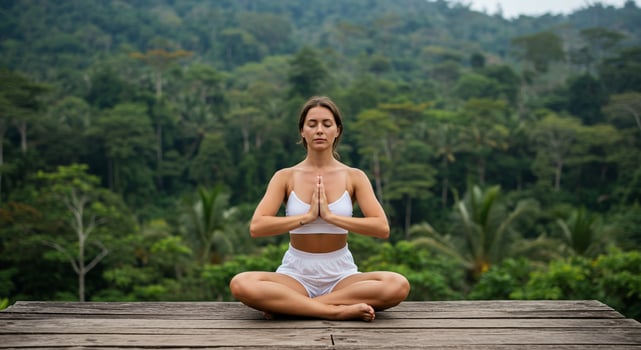 Woman meditating in nature on wooden deck with lush green forest in background photo