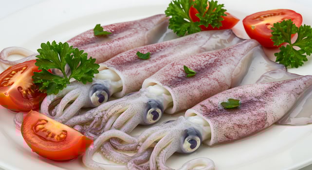 A plate of squid with tomatoes and parsley photo
