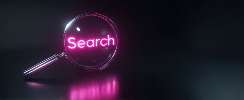 The Magnifying Glass with Neon 'Search' Text Illuminating the Dark Background photo