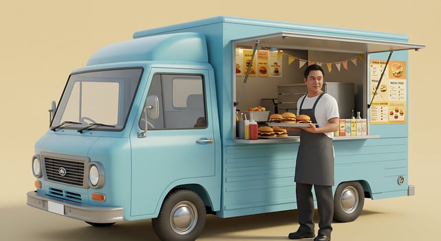 A man stands next to a food truck photo