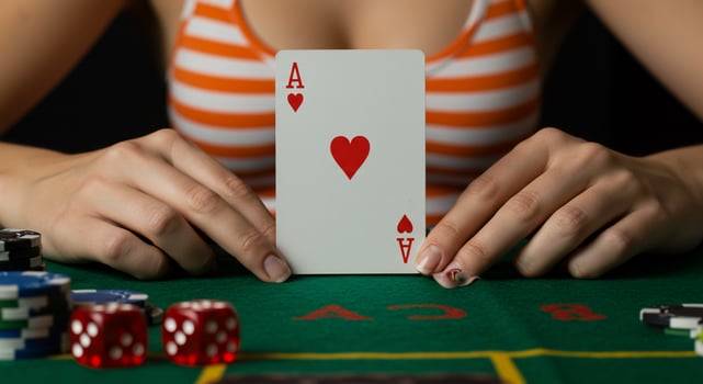 A woman holding a card in front of a casino table photo