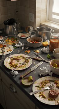 A kitchen counter with a lot of dishes and utensils on it photo