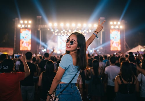 A woman in sunglasses is standing in front of a crowd at a concert photo