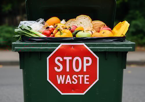 A stop waste sign on a trash can photo