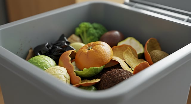 A trash can filled with various fruits and vegetables photo