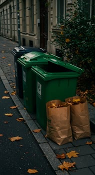 A street lined with trash cans photo