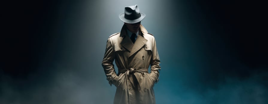 The detective in a trench coat and hat surrounded by mysterious shadows and fog. photo