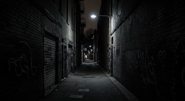 A dark alleyway with graffiti on the walls photo