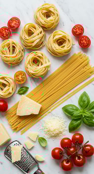 Various ingredients for pasta on a marble counter photo