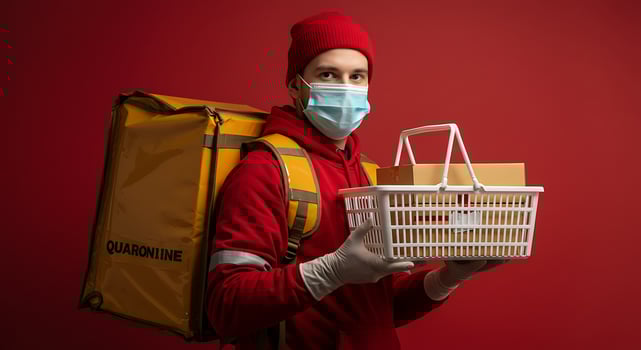 A man in a medical mask holding a basket with food photo