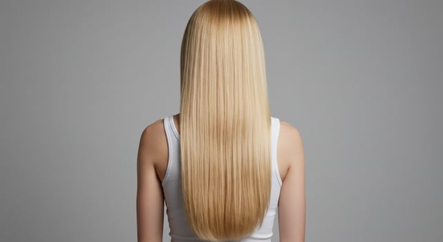 Woman with Long, Straight, Blonde Hair on Gray Background photo