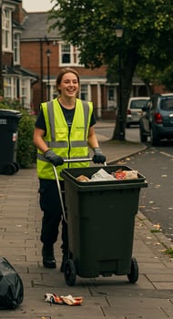 A woman pushing a garbage can down a sidewalk photo