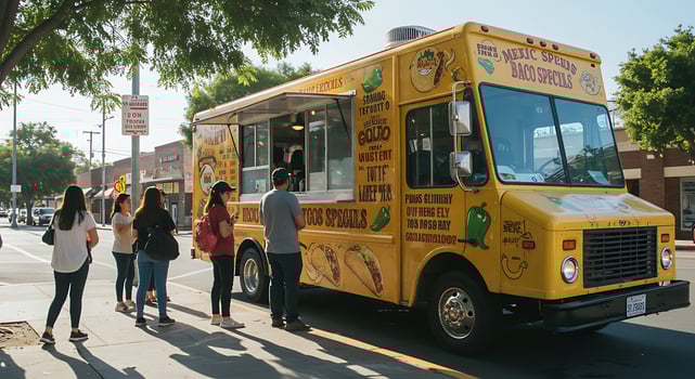 A group of people standing in front of a food truck photo