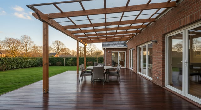 Wood deck with furniture, outdoor living, and garden background, design material photo