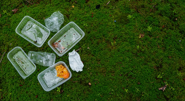 A plastic container with food in it laying on the ground photo