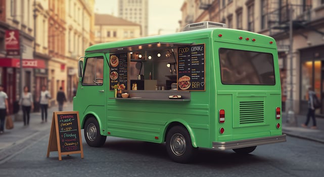 A green food truck is parked on the side of a street photo