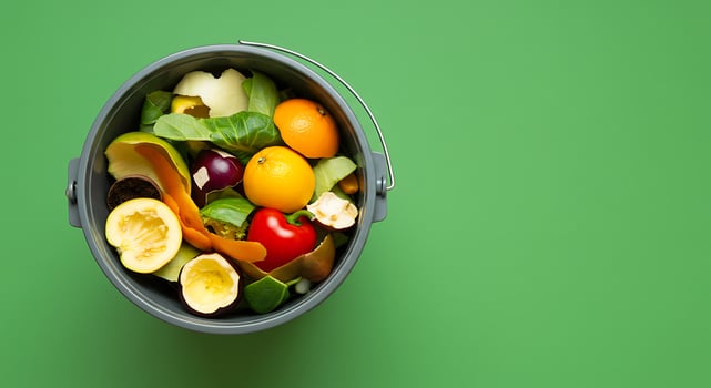 A bucket filled with vegetables and fruit on a green background photo