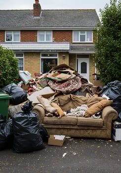 A couch is sitting in front of a house photo