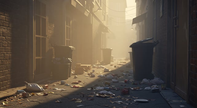 A street with trash cans and trash on the ground photo