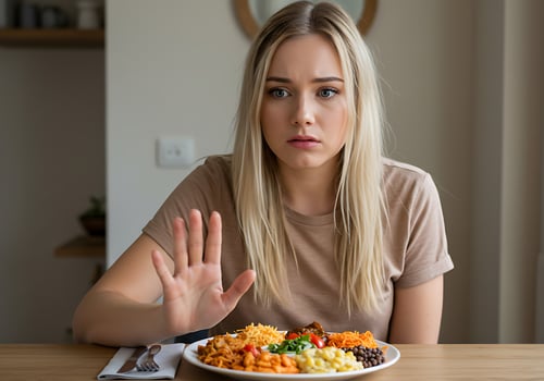 A woman is sitting at a table with a plate of food photo