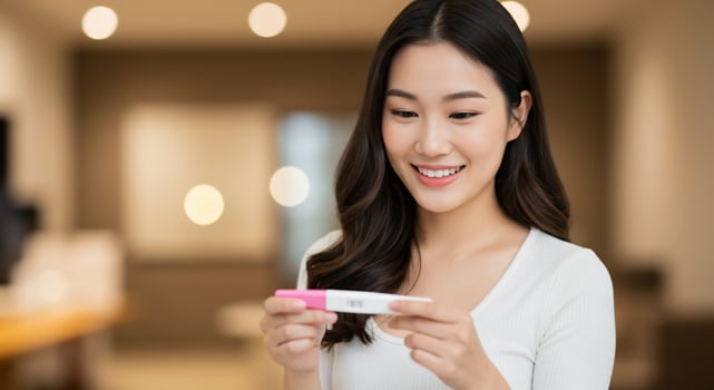 Young Asian Woman Holds Positive Pregnancy Test with Joyful Expression photo