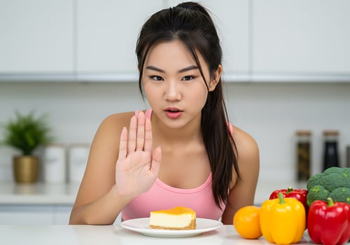 A woman making a stop sign with her hands on a plate of food photo
