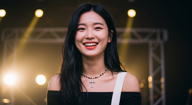 Young Asian Woman Smiling Brightly on Stage photo