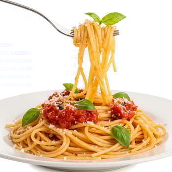 A fork is being lifted over a plate of spaghetti photo