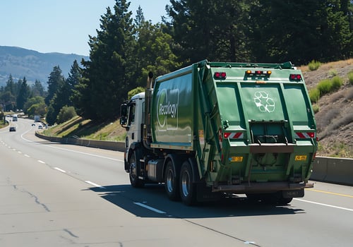 A garbage truck driving down a highway photo