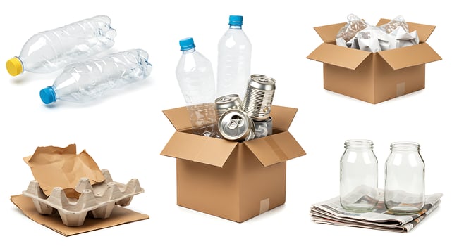 Various items including plastic bottles, cardboard boxes and a newspaper photo