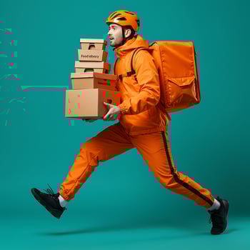 A man in an orange suit is carrying boxes photo