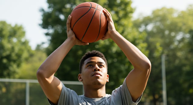 Young Man Preparing to Shoot a Basketball Outdoors photo