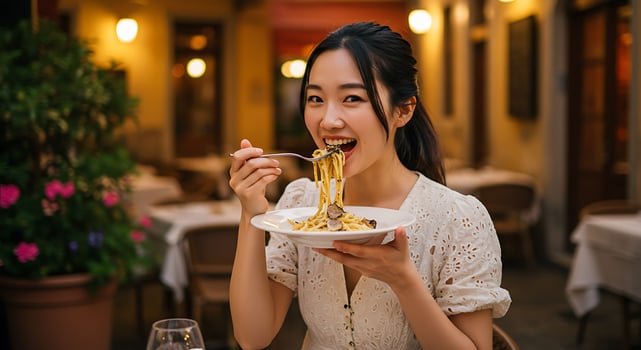 A woman eating pasta in a restaurant photo