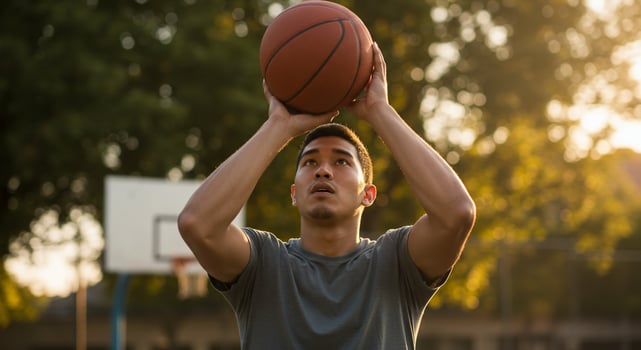 Young Man Shooting Hoops on an Outdoor Basketball Court photo