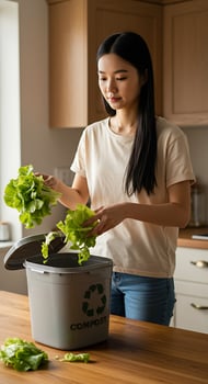 A woman putting lettuce in a compost bin photo