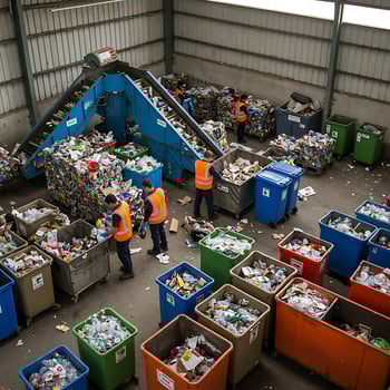 A group of workers in a warehouse sorting through trash photo
