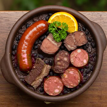 A bowl of food with a sausage, a piece of fruit and a piece of meat photo