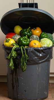 A black trash can with vegetables and fruit in it photo