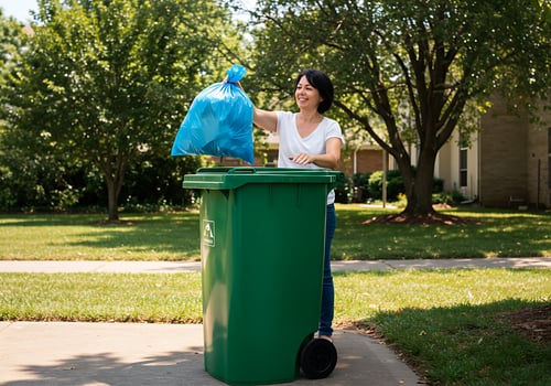 A woman is putting a bag in a green trash can photo