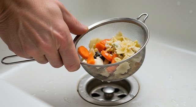 A person holding a strainer over a bowl of food photo