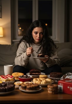 A woman sitting on a couch eating a cake photo