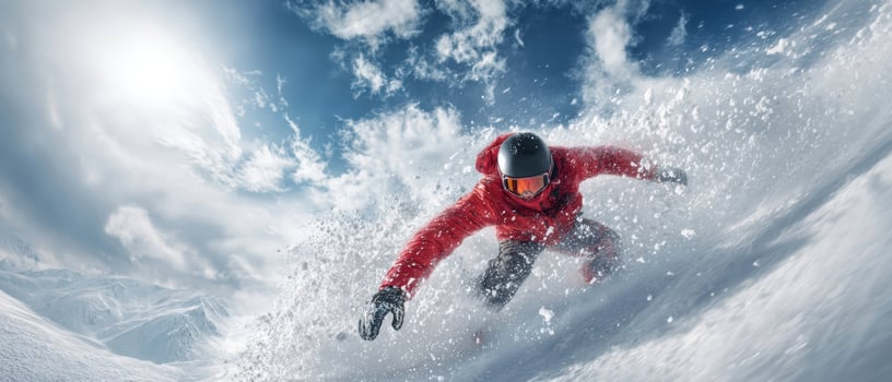 The daring skier carving through fresh powder under a dramatic winter sky photo