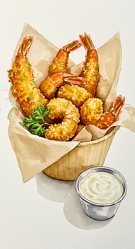 Watercolor illustration of shrimp in basket with dipping sauce photo
