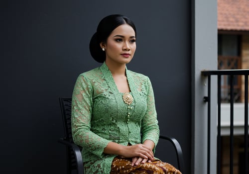 Young woman in Kebaya dress sitting outside a modern building, lifestyle shot photo