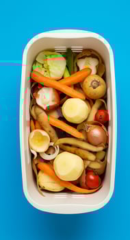 A white container filled with vegetables and potatoes photo