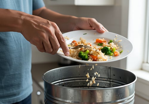 A man is holding a plate of food over a trash can photo