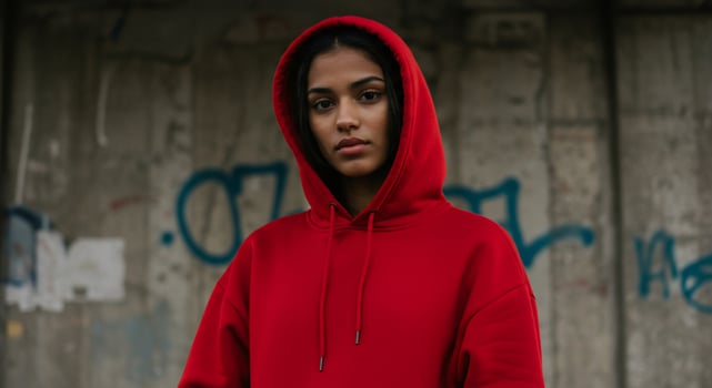 A woman wearing a red hoodie photo