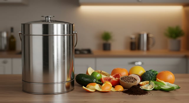 A stainless steel canister on a table with fruit and spices photo