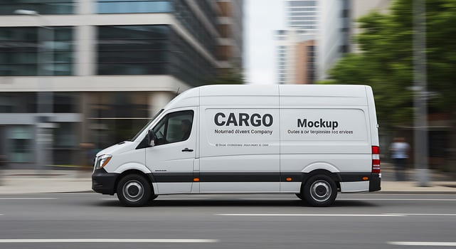 A white cargo van driving down the street photo